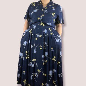 Vintage Sag Harbor Navy Floral Two-Piece Button Down & Skirt Set - L Petite